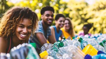 ai generado grupo de multiétnico voluntarios coleccionar el plastico botellas en parque en soleado día foto