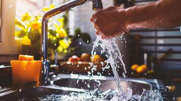 AI generated Woman washing hands under running water in kitchen sink, closeup. photo