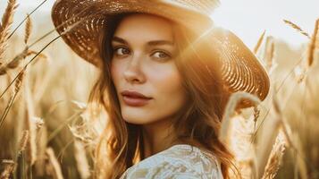 AI generated Portrait of a beautiful red-haired girl in a hat on a background of flowers. photo