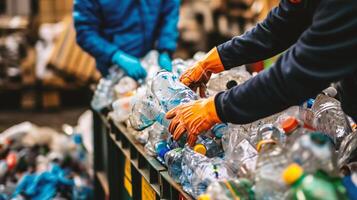 ai generado grupo de multiétnico voluntarios coleccionar el plastico botellas en parque en soleado día foto