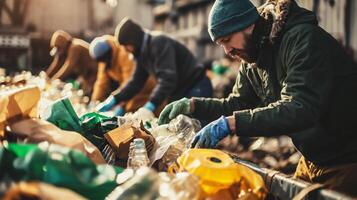 ai generado grupo de multiétnico voluntarios coleccionar el plastico botellas en parque en soleado día foto