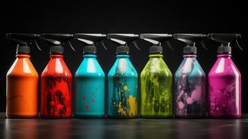 AI generated Colorful Cleaning Spray Bottles on Black Background photo