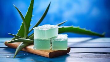 AI generated Aloe Vera Soap Product on Blue Background photo