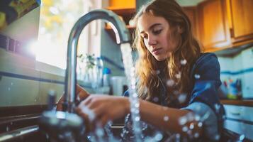 ai generado mujer Lavado manos debajo corriendo agua en cocina hundir, de cerca. foto