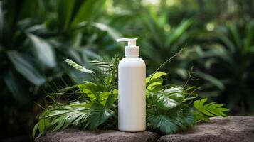 AI generated Natural Skincare Products Amidst Lush Green Foliage photo