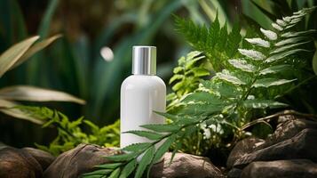 AI generated Natural Skincare Products Amidst Lush Green Foliage photo