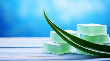 AI generated Aloe Vera Soap Product on Blue Background photo