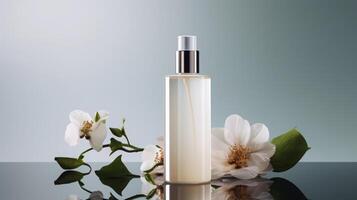 AI generated Elegant Skincare Bottle Amidst Beautiful Blossoming Flowers photo