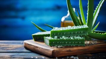 AI generated Aloe Vera Soap Product on Blue Background photo