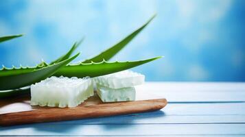 AI generated Aloe Vera Soap Product on Blue Background photo