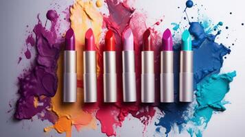 AI generated Colorful Lipsticks in Vibrant Background photo
