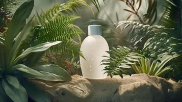 AI generated Natural Skincare Products Amidst Lush Green Foliage photo