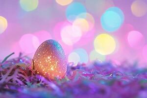 AI generated Easter egg on artificial grass with colorful bokeh light background photo