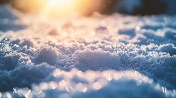 AI generated Winter background with snowflakes and sun rays. Close-up. photo