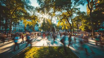 ai generado personas caminando en el ciudad. borroso movimiento. resumen antecedentes. foto