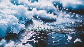 ai generado agua salpicaduras en el rocas en invierno. superficial profundidad de campo. foto