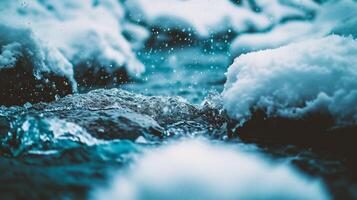 AI generated Water splashing on the rocks in winter. Shallow depth of field. photo