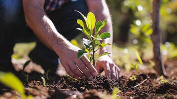 AI generated Close-up of male hands planting a tree in the garden. photo
