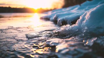 AI generated Water splashing on the rocks in winter. Shallow depth of field. photo