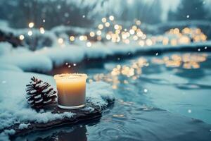 AI generated Candle on the background of a winter landscape with snow and bokeh photo