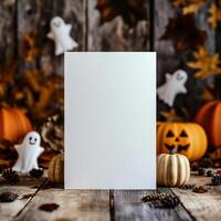 AI generated Halloween background with blank paper sheet, ghosts and pumpkins on wooden background photo