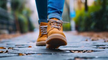 ai generado de cerca de mujer piernas en amarillo zapatillas caminando en el calle foto