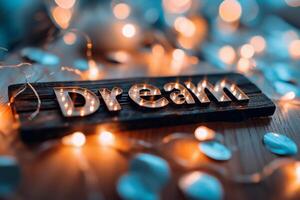 AI generated Wooden sign with the word dream on a wooden background with bokeh photo