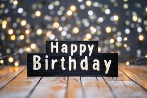 AI generated Happy birthday card with candles on wooden table over bokeh background photo