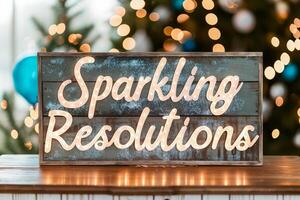 AI generated Blackboard with text Sparkling Resolutions in front of Christmas tree photo