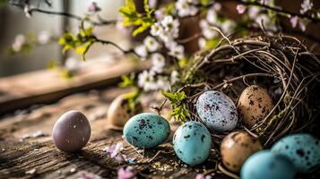 AI generated Easter eggs in a nest on a background of spring flowers. photo