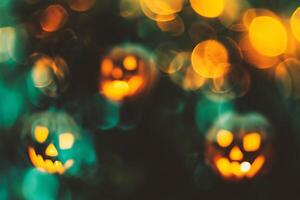AI generated Halloween background with pumpkins and blurred lights. Bokeh photo