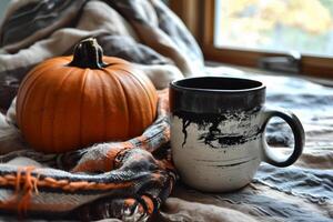 ai generado Víspera de Todos los Santos todavía vida con calabaza, bufanda y taza de café en el antepecho foto