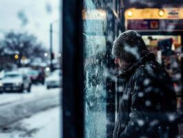 AI generated Man in winter clothes looks through the glass on a snowy day photo