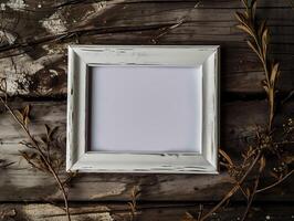 AI generated Wooden frame on a rustic wooden background, top view. photo