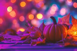 AI generated Halloween pumpkins and autumn leaves with bokeh background. photo