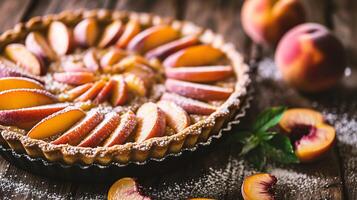 AI generated Delicious homemade peach pie on rustic wooden table with peaches photo