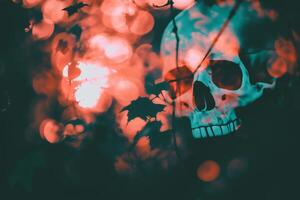 AI generated Skull in the forest. Halloween concept. Selective focus. photo