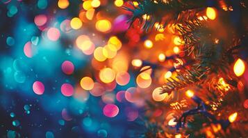 AI generated Christmas and New Year holidays background with colorful bokeh defocused lights photo