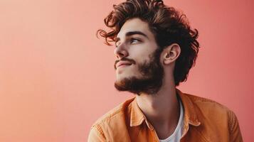 AI generated side view of handsome young man with curly hair looking away isolated on pink photo