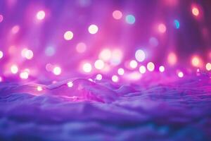 ai generado púrpura bokeh luces en el cama. Navidad antecedentes. foto