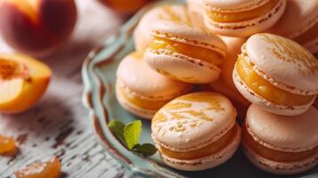 AI generated Delicious macaroons with peaches on a dark background. photo