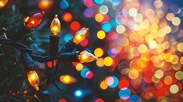 AI generated Christmas and New Year holidays background with colorful bokeh defocused lights photo