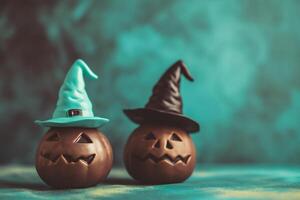 AI generated Halloween pumpkins with witch hat on blue background, retro toned photo