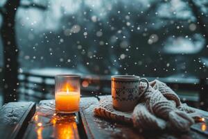 ai generado Navidad decoración con ardiente velas y abeto ramas en el antepecho. foto