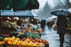 ai generado frutas y vegetales a un agricultores mercado en un Nevado invierno día foto