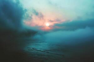 AI generated Sunset on the sea in the fog. Long exposure photo. photo