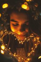 AI generated Portrait of a beautiful girl in a wreath of fairy lights photo