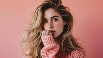 AI generated beautiful young woman in pink sweater looking at camera isolated on pink photo