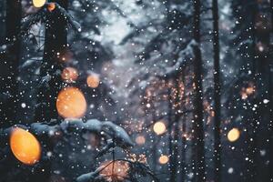 AI generated Christmas and New Year background with bokeh lights and snowfall photo