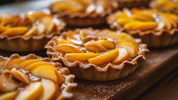 AI generated Delicious homemade peach pie on rustic wooden table with peaches photo